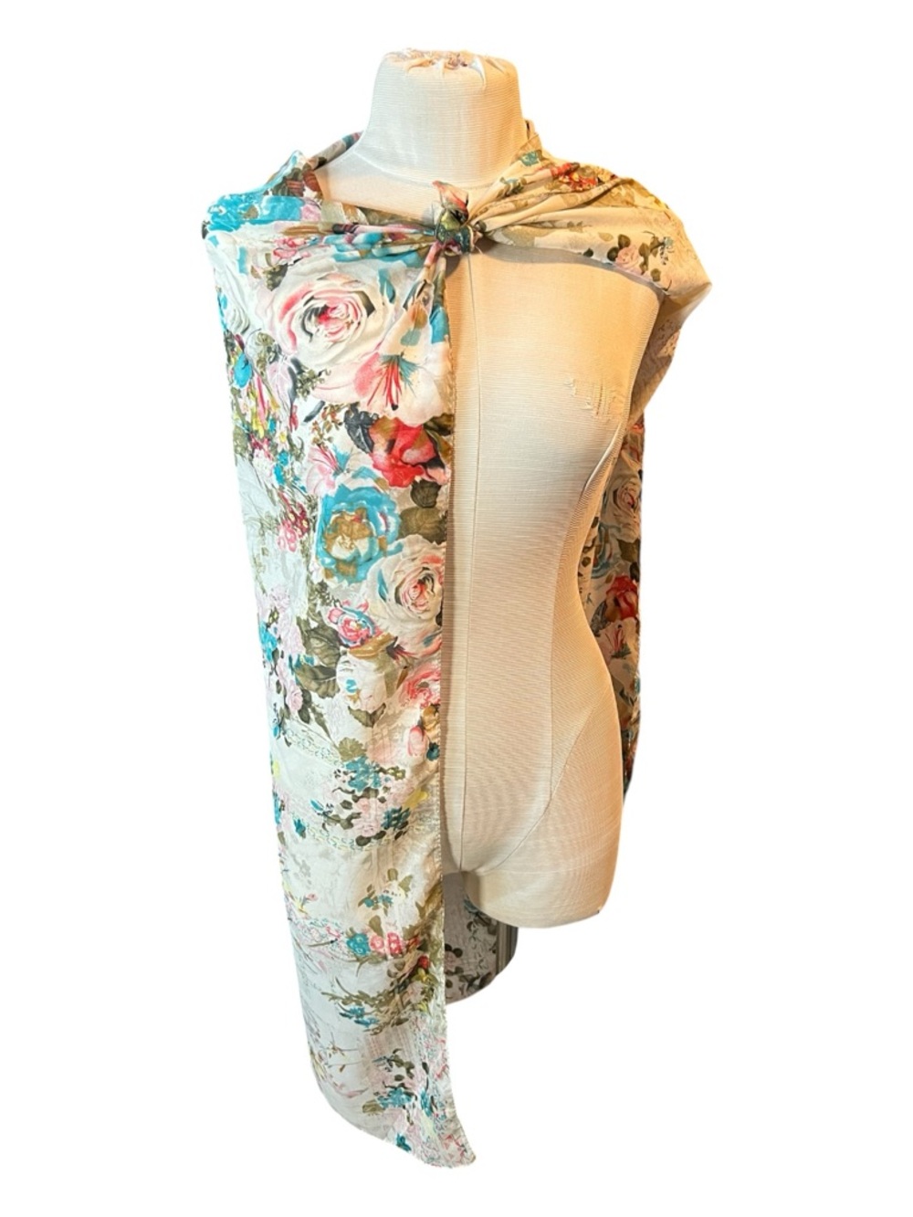 Floral Garden Lightweight Scarf Wrap - Cream, Teal, Pink